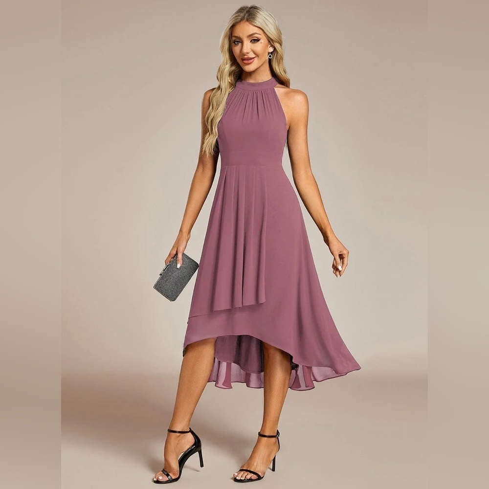 🆕 Midi Halter Neck Chiffon Wedding Guest Dress with Sleeveless and A-Line